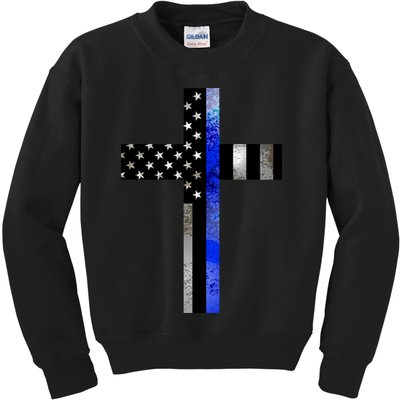 A Christian cross showing support for law enforcement - Thin Blue Line Kids Sweatshirt