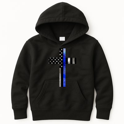 A Christian cross showing support for law enforcement - Thin Blue Line Kids Hoodie