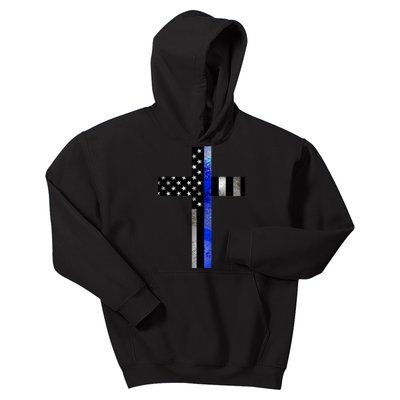 A Christian cross showing support for law enforcement - Thin Blue Line Kids Hoodie