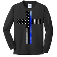 A Christian cross showing support for law enforcement - Thin Blue Line Kids Long Sleeve Shirt