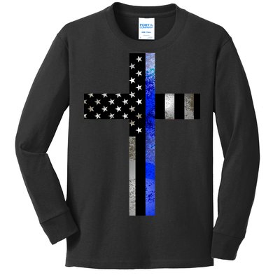 A Christian cross showing support for law enforcement - Thin Blue Line Kids Long Sleeve Shirt