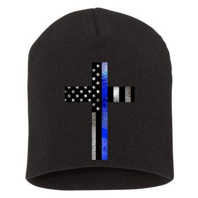 A Christian cross showing support for law enforcement - Thin Blue Line Short Acrylic Beanie