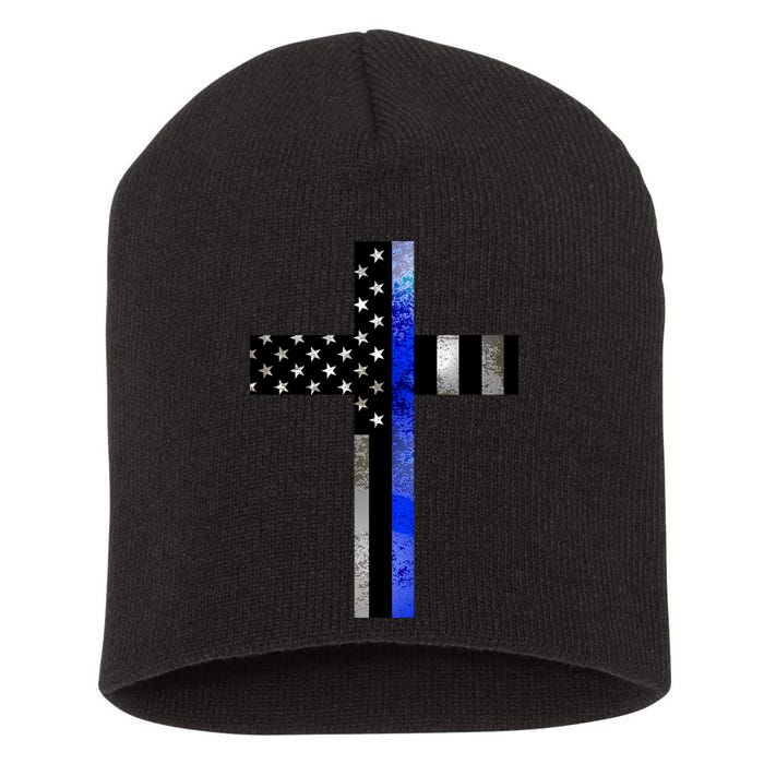 A Christian cross showing support for law enforcement - Thin Blue Line Short Acrylic Beanie