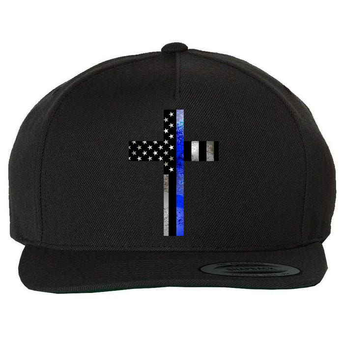 A Christian cross showing support for law enforcement - Thin Blue Line Wool Snapback Cap