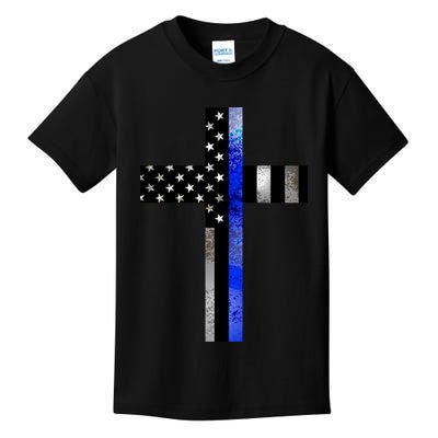 A Christian cross showing support for law enforcement - Thin Blue Line Kids T-Shirt