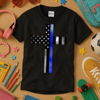 A Christian cross showing support for law enforcement - Thin Blue Line Kids T-Shirt