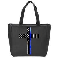 A Christian cross showing support for law enforcement - Thin Blue Line Zip Tote Bag