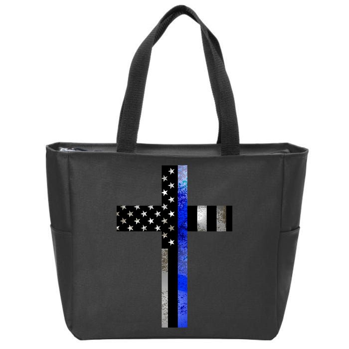 A Christian cross showing support for law enforcement - Thin Blue Line Zip Tote Bag