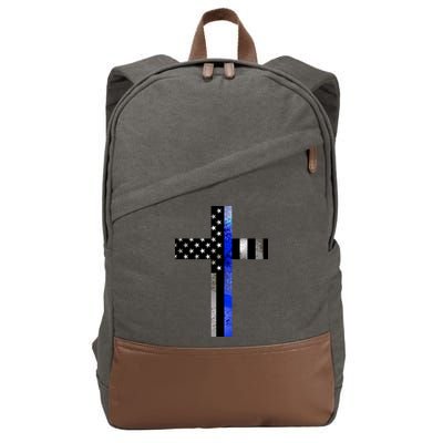 A Christian cross showing support for law enforcement - Thin Blue Line Cotton Canvas Backpack