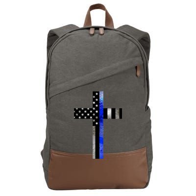 A Christian cross showing support for law enforcement - Thin Blue Line Cotton Canvas Backpack