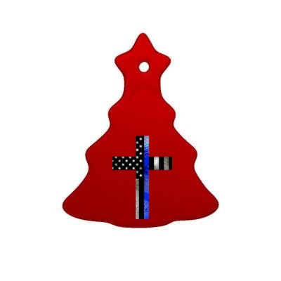 A Christian cross showing support for law enforcement - Thin Blue Line Ceramic Tree Ornament