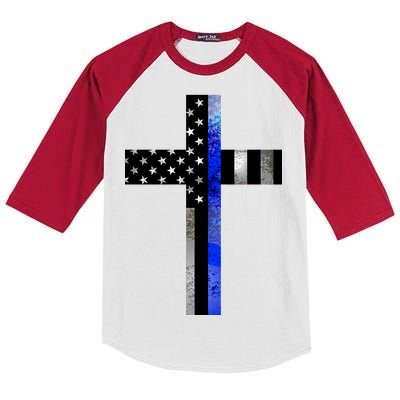 A Christian cross showing support for law enforcement - Thin Blue Line Kids Colorblock Raglan Jersey