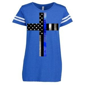 A Christian cross showing support for law enforcement - Thin Blue Line Enza Ladies Jersey Football T-Shirt