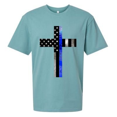 A Christian cross showing support for law enforcement - Thin Blue Line Sueded Cloud Jersey T-Shirt