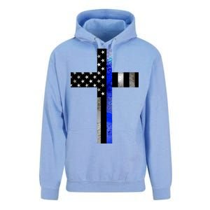 A Christian cross showing support for law enforcement - Thin Blue Line Unisex Surf Hoodie