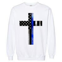 A Christian cross showing support for law enforcement - Thin Blue Line Garment-Dyed Sweatshirt