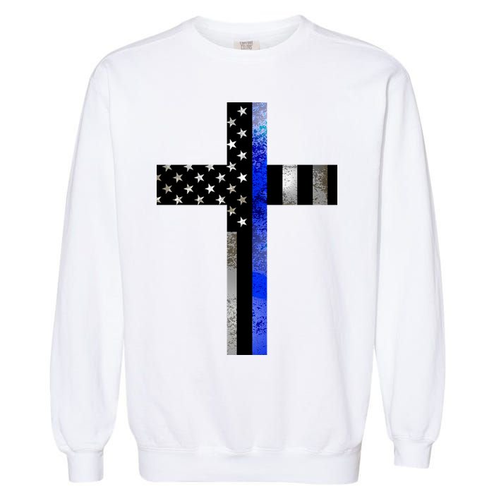 A Christian cross showing support for law enforcement - Thin Blue Line Garment-Dyed Sweatshirt