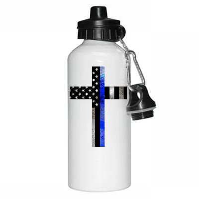 A Christian cross showing support for law enforcement - Thin Blue Line Aluminum Water Bottle