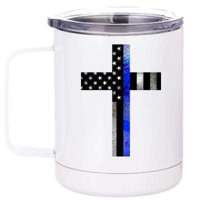 A Christian cross showing support for law enforcement - Thin Blue Line 12 oz Stainless Steel Tumbler Cup