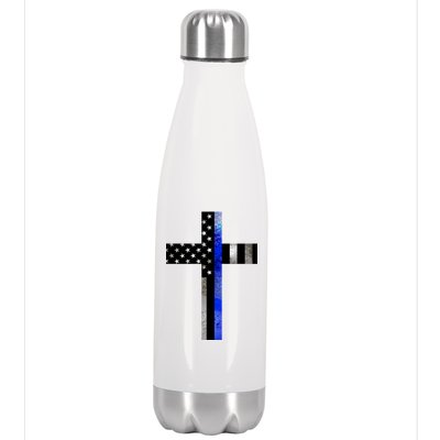 A Christian cross showing support for law enforcement - Thin Blue Line Stainless Steel Insulated Water Bottle