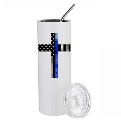 A Christian cross showing support for law enforcement - Thin Blue Line Stainless Steel Tumbler