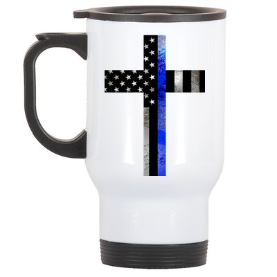 A Christian cross showing support for law enforcement - Thin Blue Line Stainless Steel Travel Mug