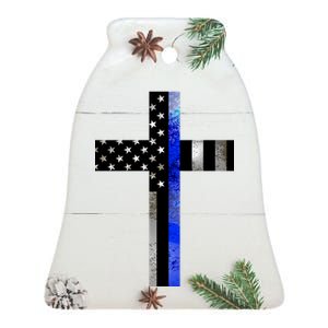 A Christian cross showing support for law enforcement - Thin Blue Line Ceramic Bell Ornament