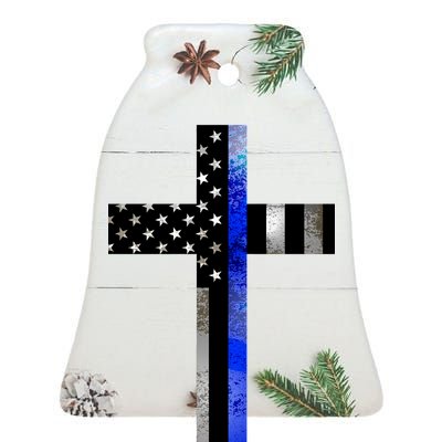 A Christian cross showing support for law enforcement - Thin Blue Line Ceramic Bell Ornament