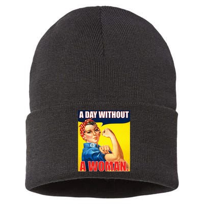 A Day Without A Woman Rosie Riveter WWII Poster Sustainable Knit Beanie