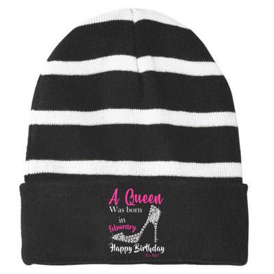 A Queen Was Born In February Birthday Striped Beanie with Solid Band