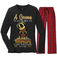 A Queen Was Born In February Happy Birthday Women's Long Sleeve Flannel Pajama Set 