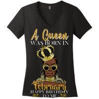 A Queen Was Born In February Happy Birthday Women's V-Neck T-Shirt