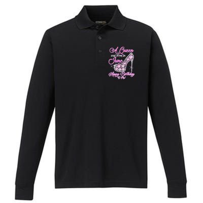 A Queen Was Born in June Fancy Birthday Performance Long Sleeve Polo