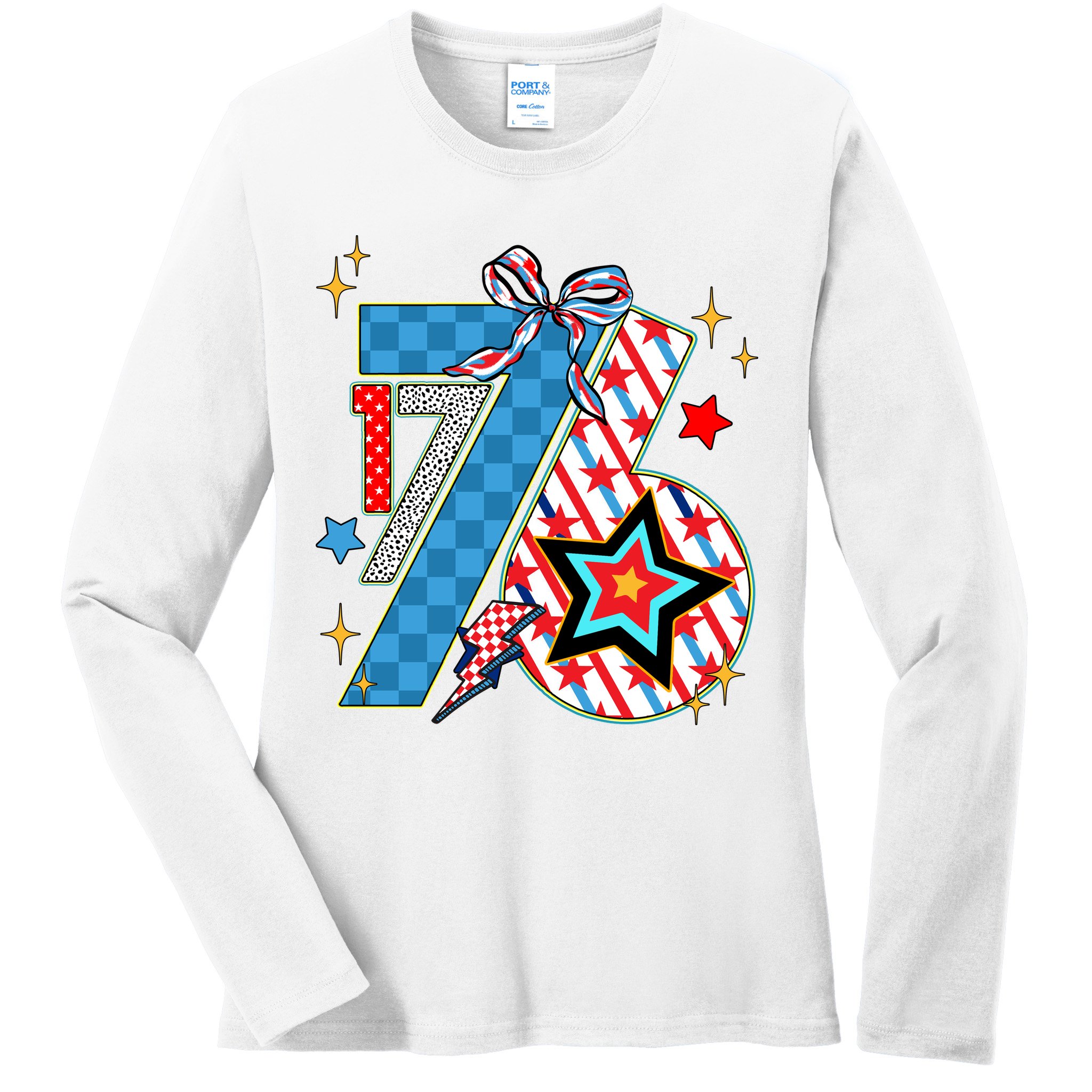 America 1776 4th Of July Retro 80s Style Ladies Long Sleeve Shirt