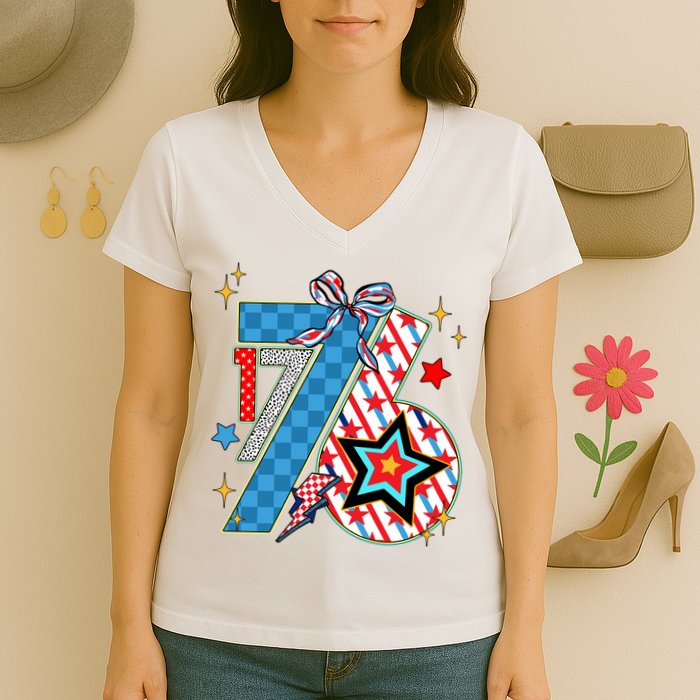 America 1776 4th Of July Retro 80s Style Women's V-Neck T-Shirt