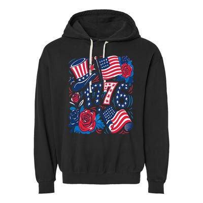 America 1776 4th Of July Independence Day Boho Flower Garment-Dyed Fleece Hoodie