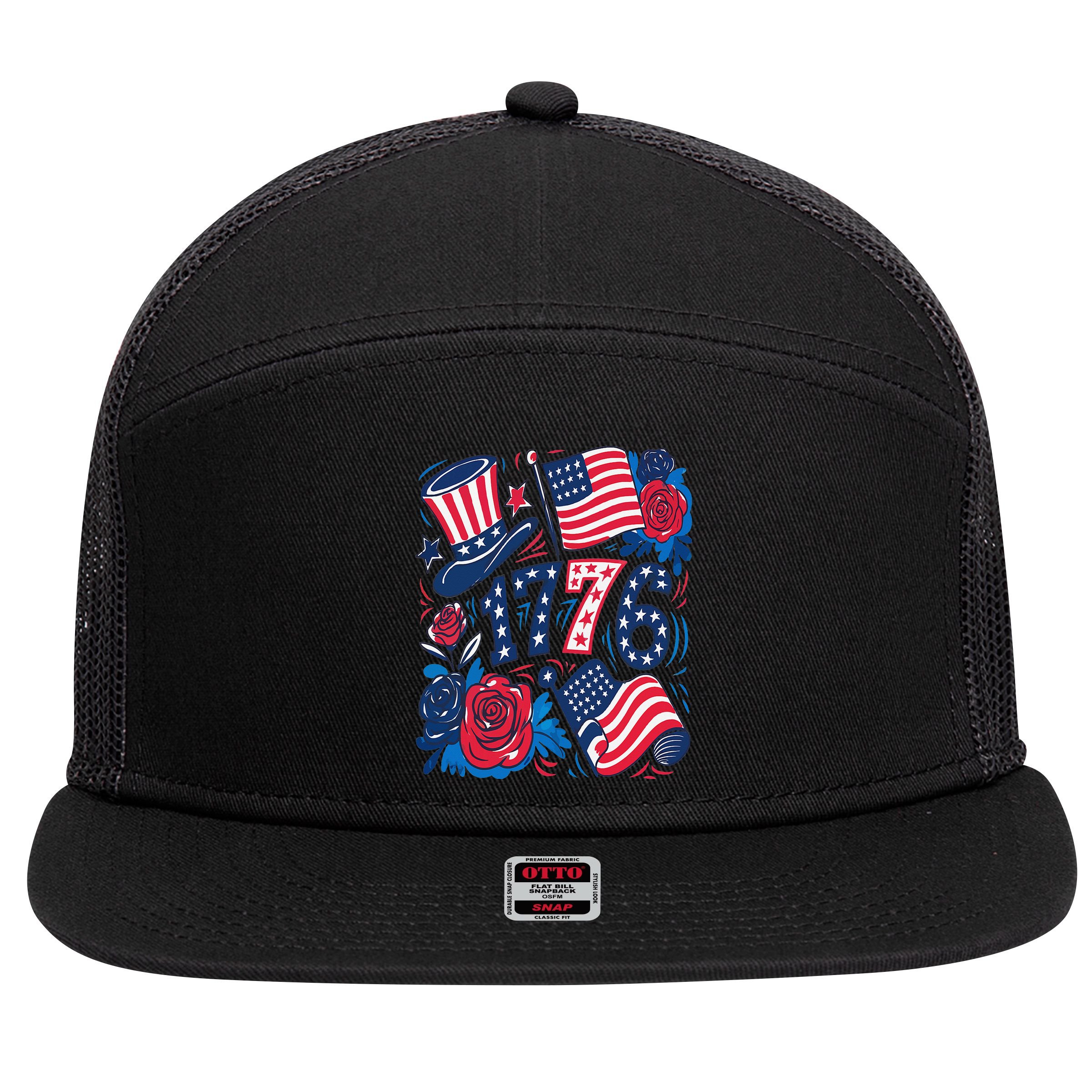 America 1776 4th Of July Independence Day Boho Flower 7 Panel Mesh Trucker Snapback Hat
