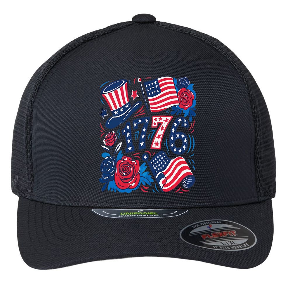 America 1776 4th Of July Independence Day Boho Flower Flexfit Unipanel Trucker Cap