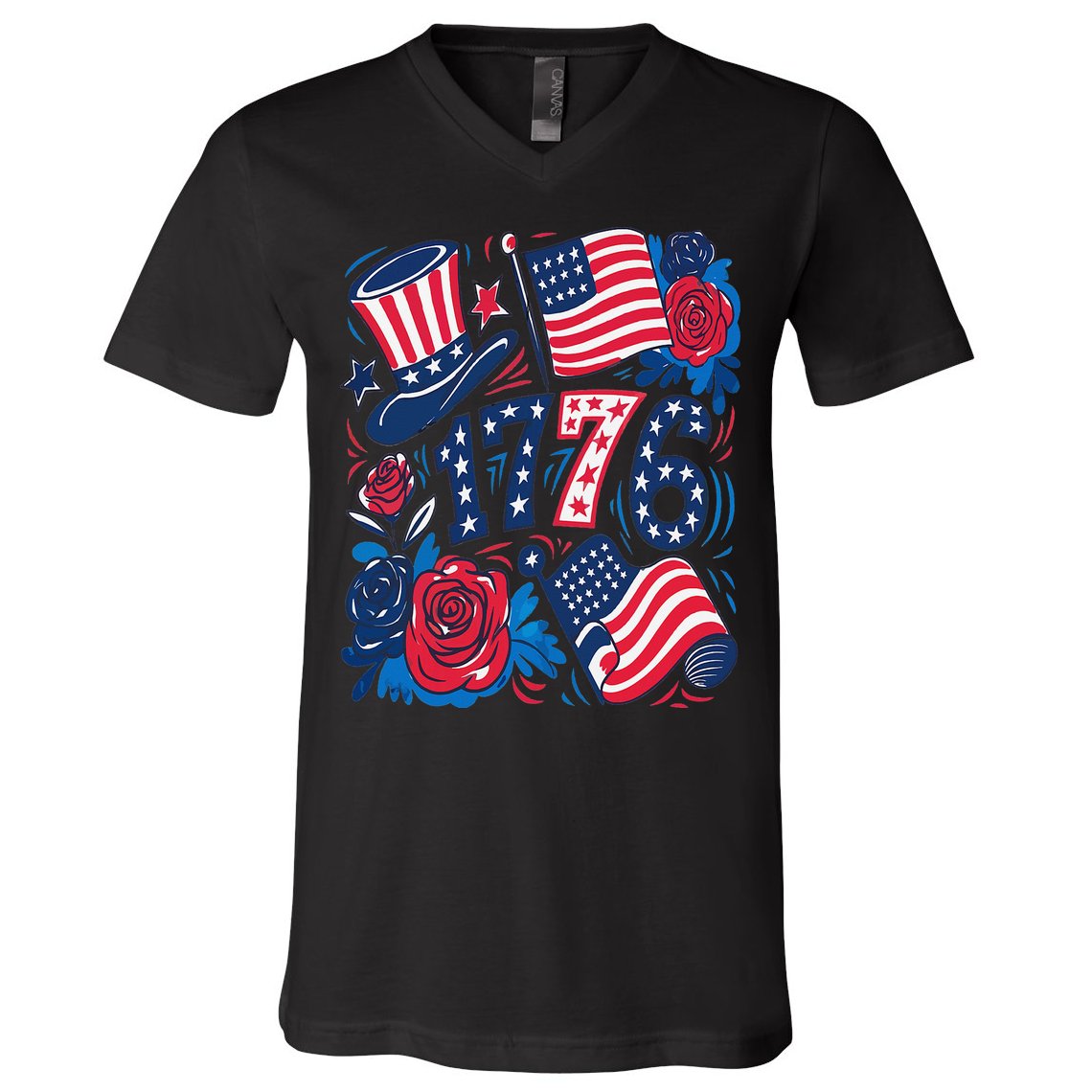 America 1776 4th Of July Independence Day Boho Flower V-Neck T-Shirt