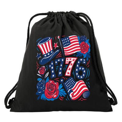 America 1776 4th Of July Independence Day Boho Flower Drawstring Bag