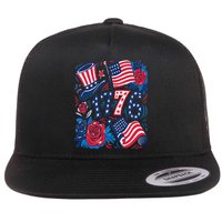 America 1776 4th Of July Independence Day Boho Flower Flat Bill Trucker Hat