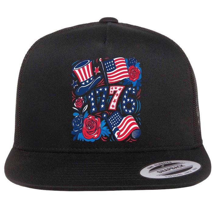 America 1776 4th Of July Independence Day Boho Flower Flat Bill Trucker Hat