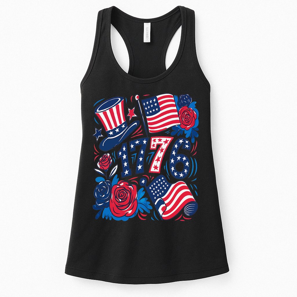 America 1776 4th Of July Independence Day Boho Flower Womens Tank Top
