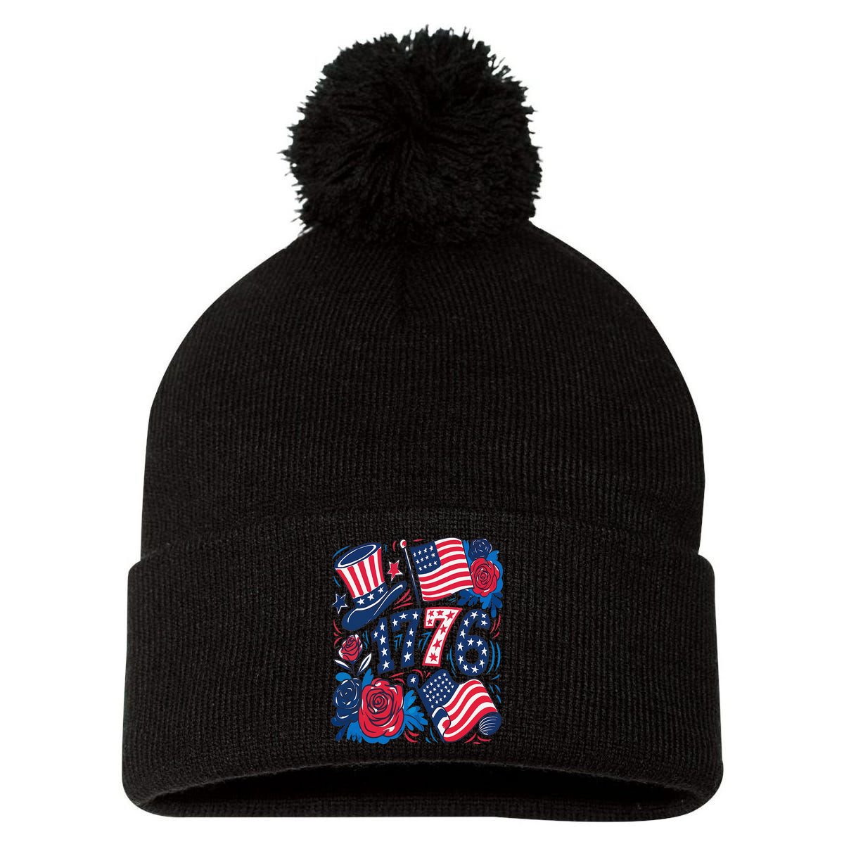 America 1776 4th Of July Independence Day Boho Flower Pom Pom 12in Knit Beanie