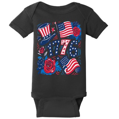 America 1776 4th Of July Independence Day Boho Flower Baby Bodysuit
