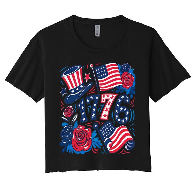 America 1776 4th Of July Independence Day Boho Flower Crop Top