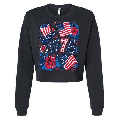 America 1776 4th Of July Independence Day Boho Flower Cropped Pullover Crew