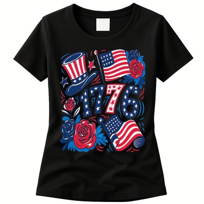 America 1776 4th Of July Independence Day Boho Flower Womens T-Shirt