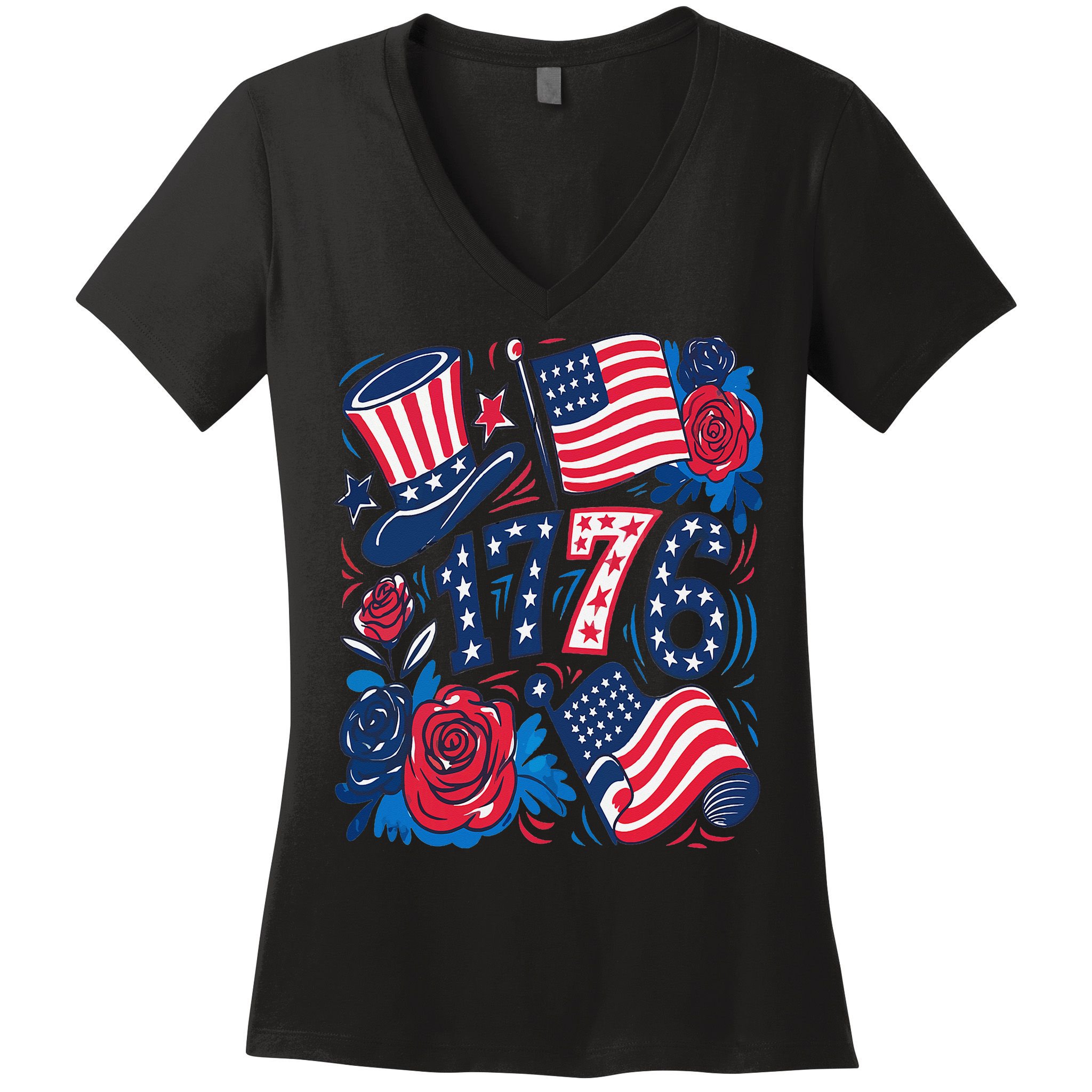 America 1776 4th Of July Independence Day Boho Flower Women's V-Neck T-Shirt