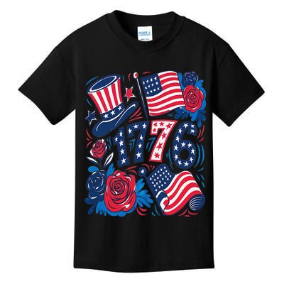 America 1776 4th Of July Independence Day Boho Flower Kids T-Shirt